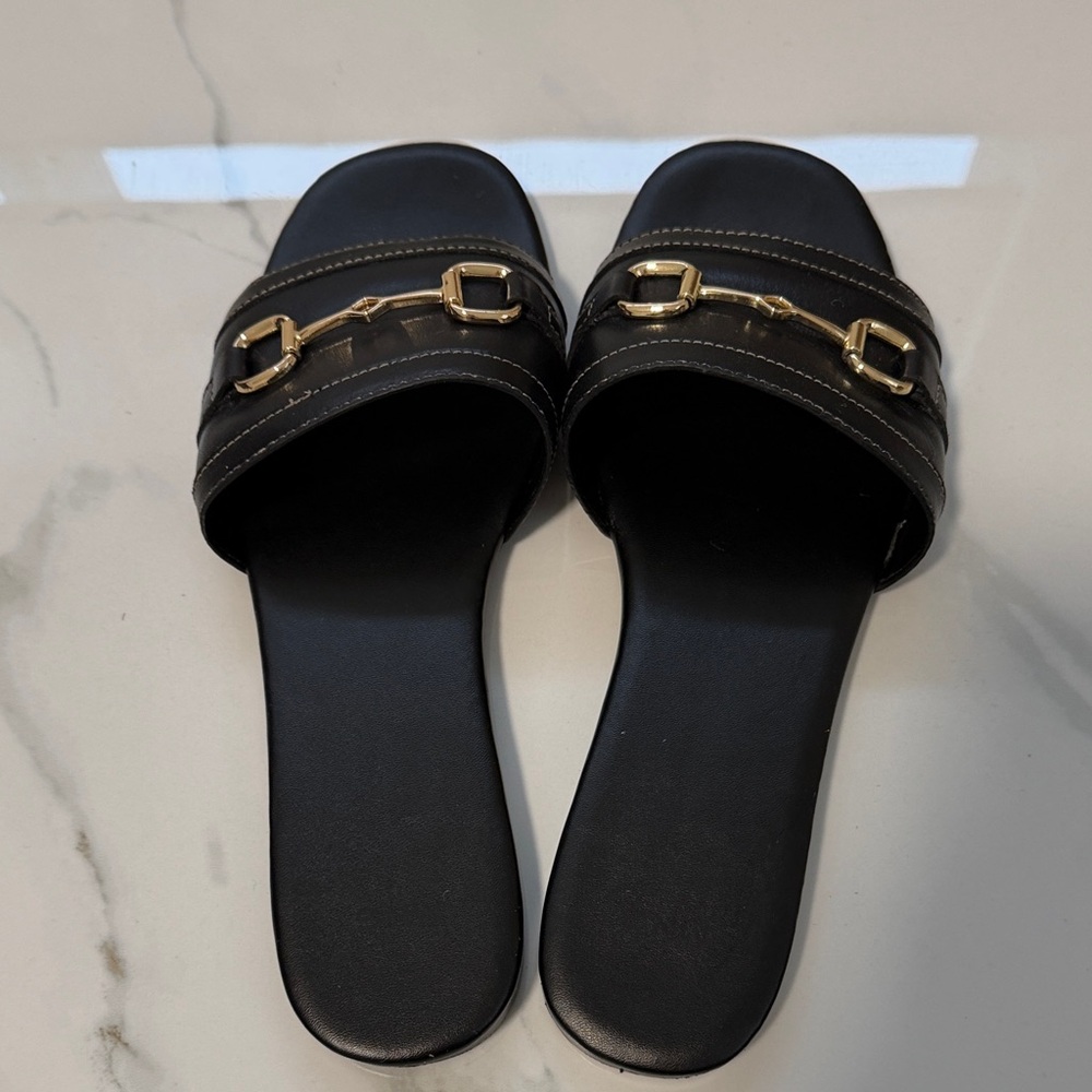 Mango Black Slide Sandals with Gold Horsebit Trim - Picture 6 of 8